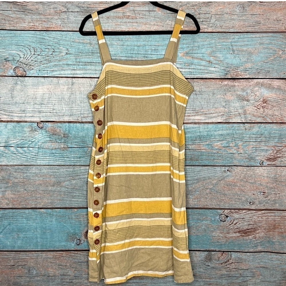 Saint Helena Poolside Dress L Yellow Striped Tank Mini Cover Up Button‎ Beach